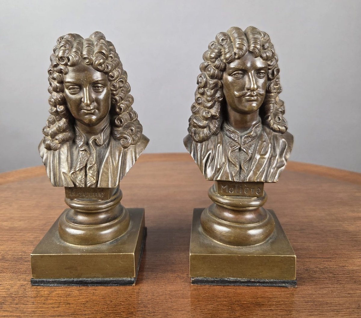 2 petits bustes en bronze "Racine et Molière" 19th