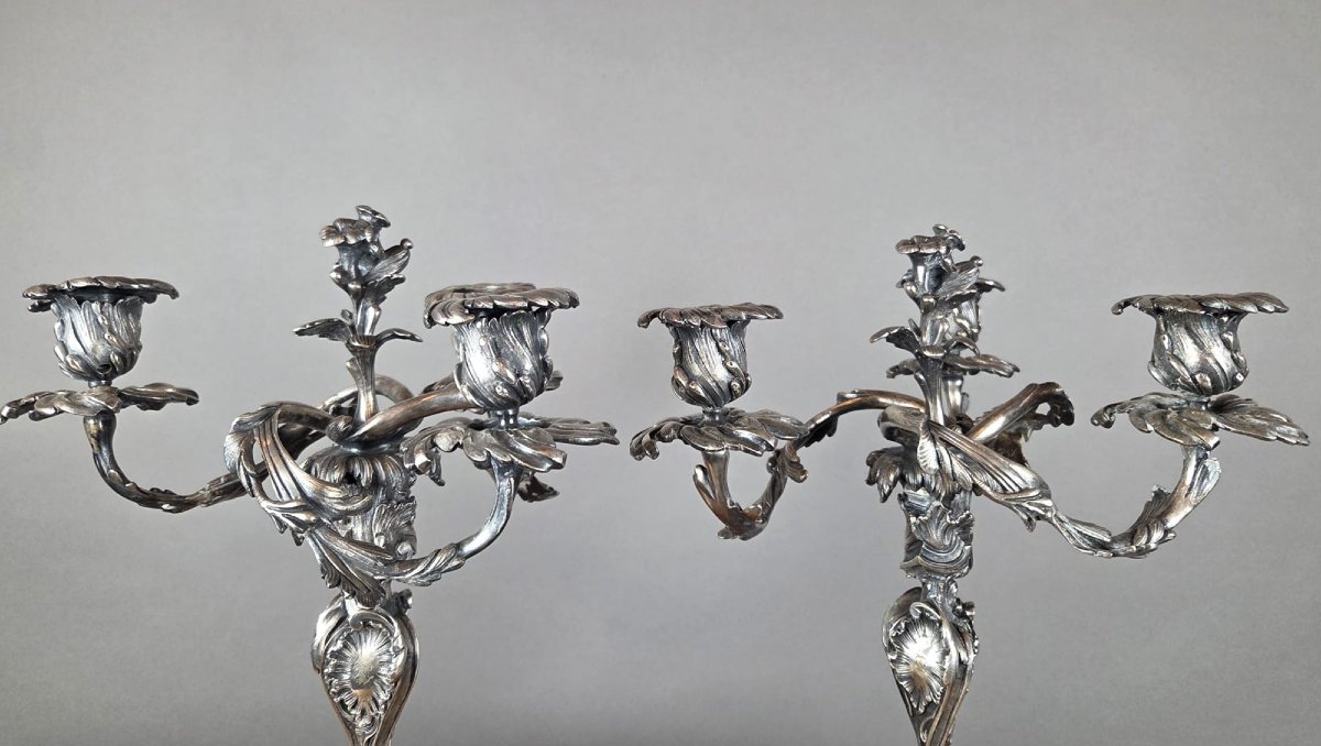 Pair Of Louis XV-style Candelabra In Silver-plated Bronze-photo-3