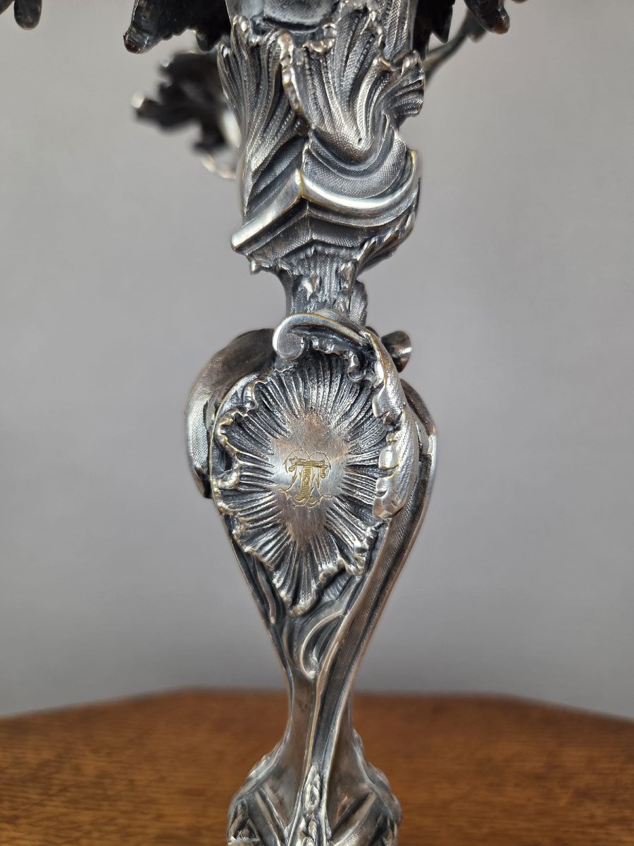 Pair Of Louis XV-style Candelabra In Silver-plated Bronze-photo-2