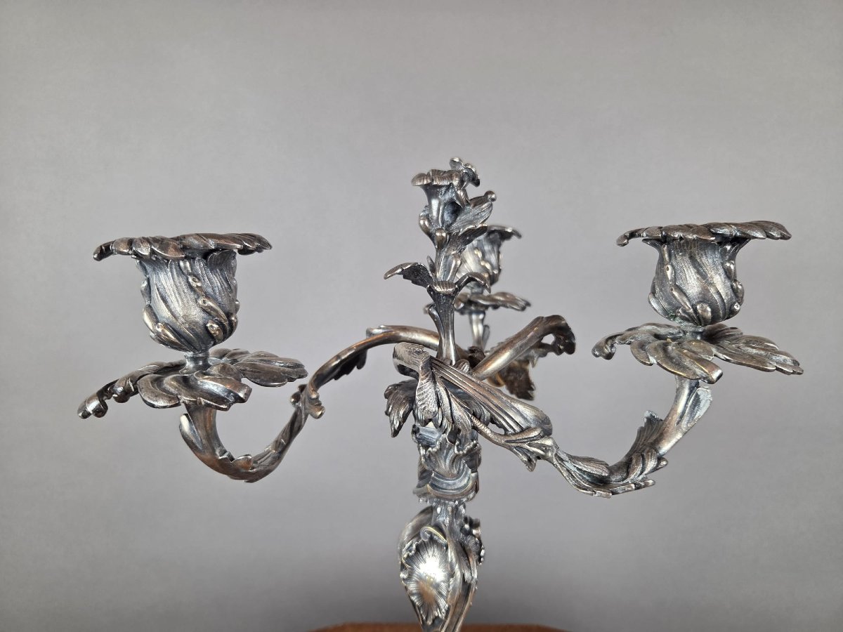 Pair Of Louis XV-style Candelabra In Silver-plated Bronze-photo-5