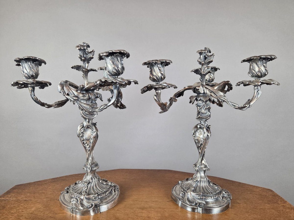 Pair Of Louis XV-style Candelabra In Silver-plated Bronze