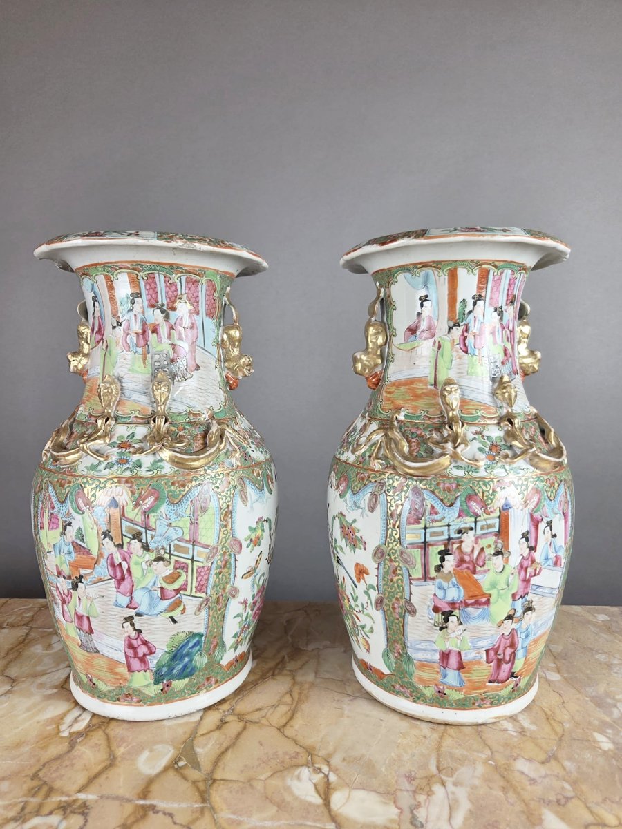 Pair Of Chinese Polychrome Porcelain Vases, 19th Century-photo-2