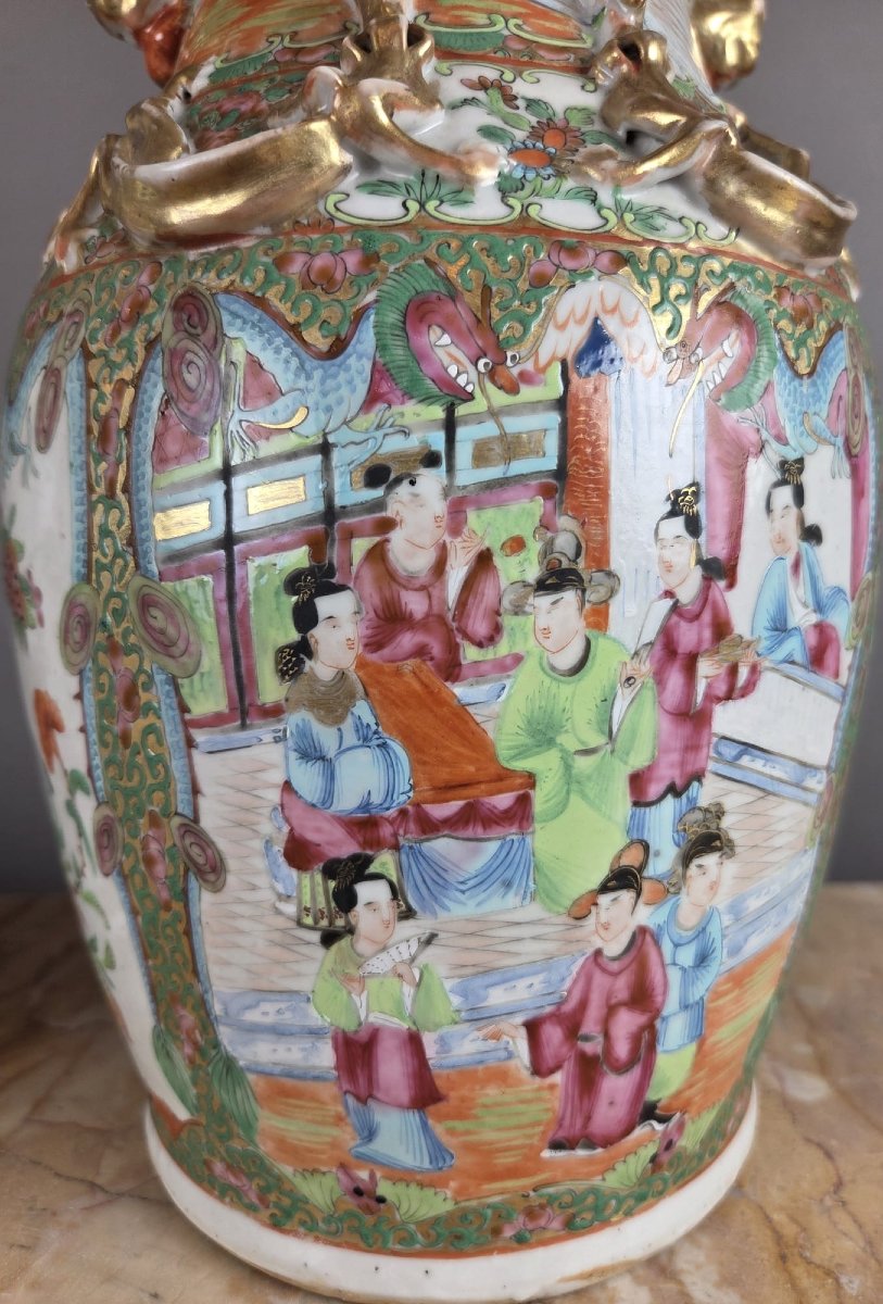 Pair Of Chinese Polychrome Porcelain Vases, 19th Century-photo-3
