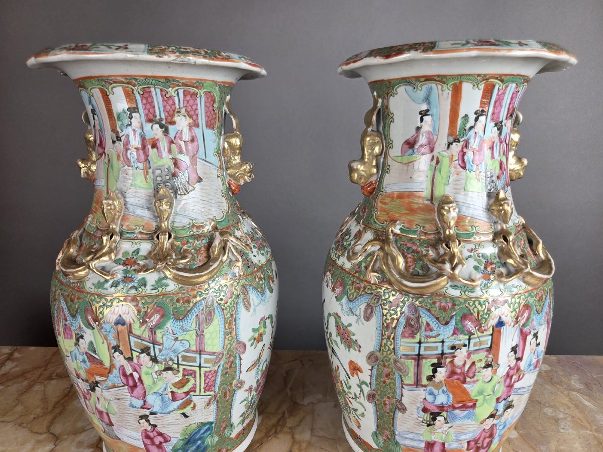 Pair Of Chinese Polychrome Porcelain Vases, 19th Century-photo-4