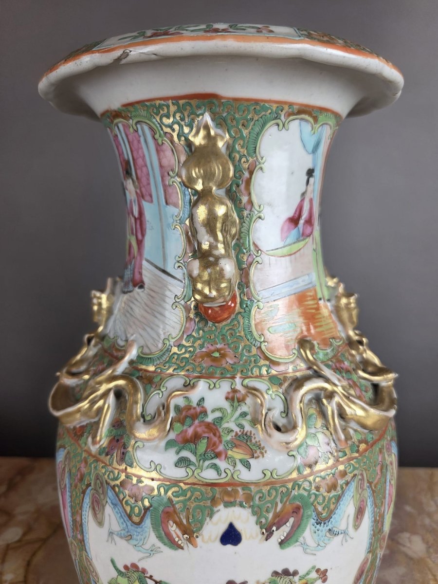 Pair Of Chinese Polychrome Porcelain Vases, 19th Century-photo-2