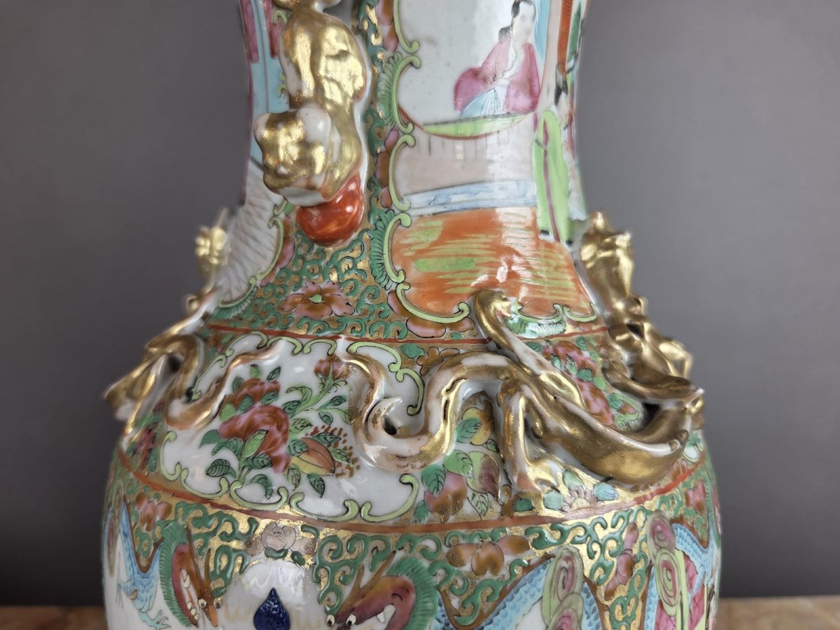 Pair Of Chinese Polychrome Porcelain Vases, 19th Century-photo-3