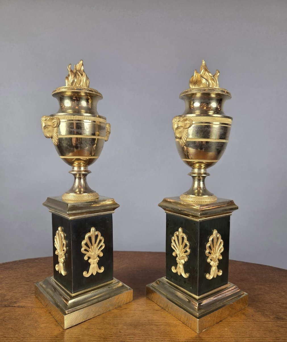 Pair Of Gilded Bronze Cassolettes From The Empire Period-photo-2