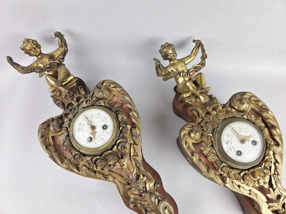 Paire de cartels en bronze doré et bois, début XXe siècle-photo-2