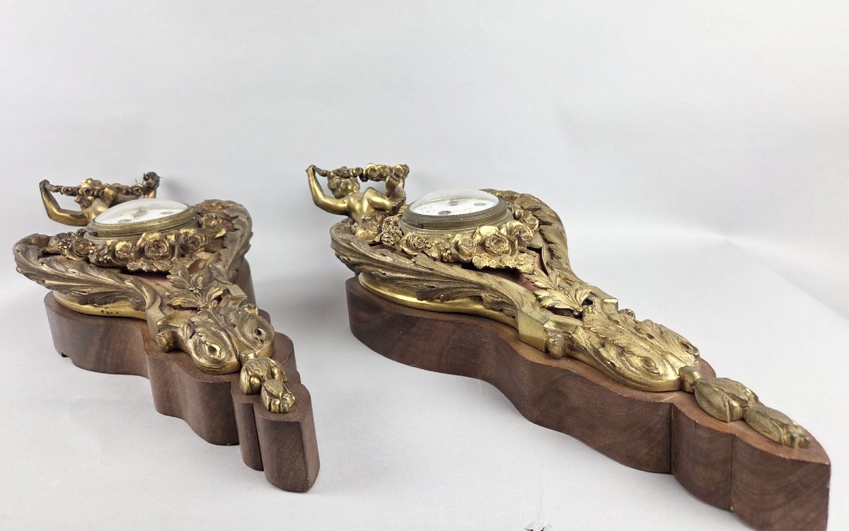 Paire de cartels en bronze doré et bois, début XXe siècle-photo-3