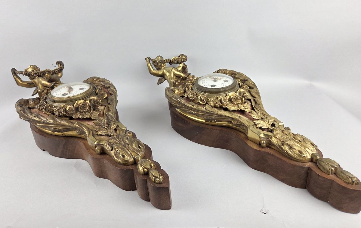 Paire de cartels en bronze doré et bois, début XXe siècle-photo-4