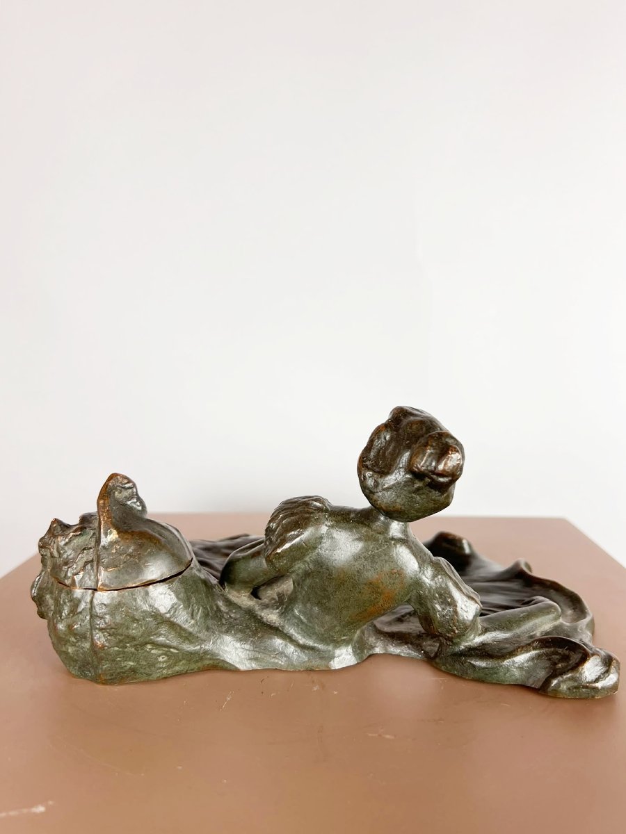 Encrier en bronze Art Déco, signé Arthur Puyt-photo-2