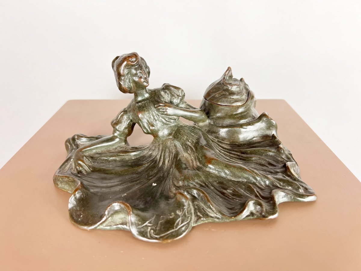 Encrier en bronze Art Déco, signé Arthur Puyt-photo-3