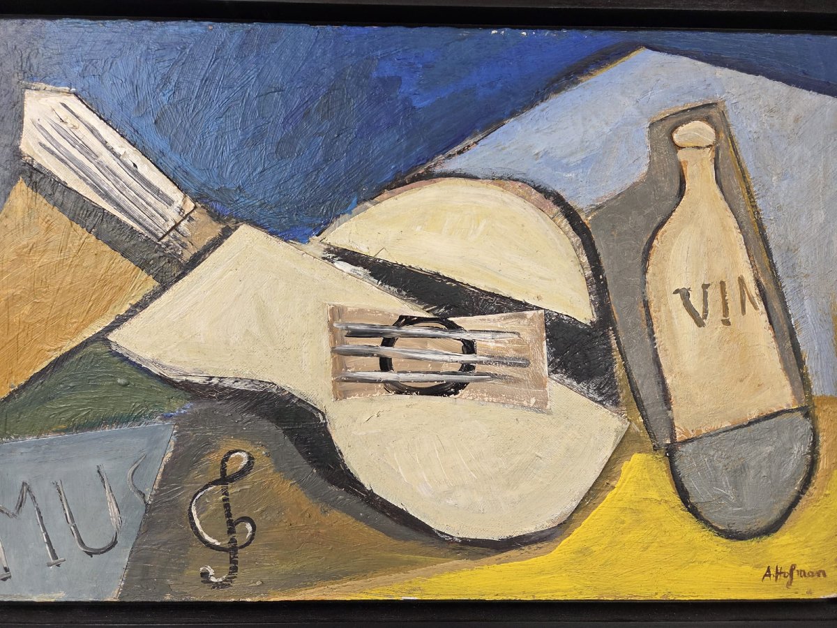 Oil On Canvas And Collage, “musical Instruments And Wine,” By Aad Hofman-photo-2