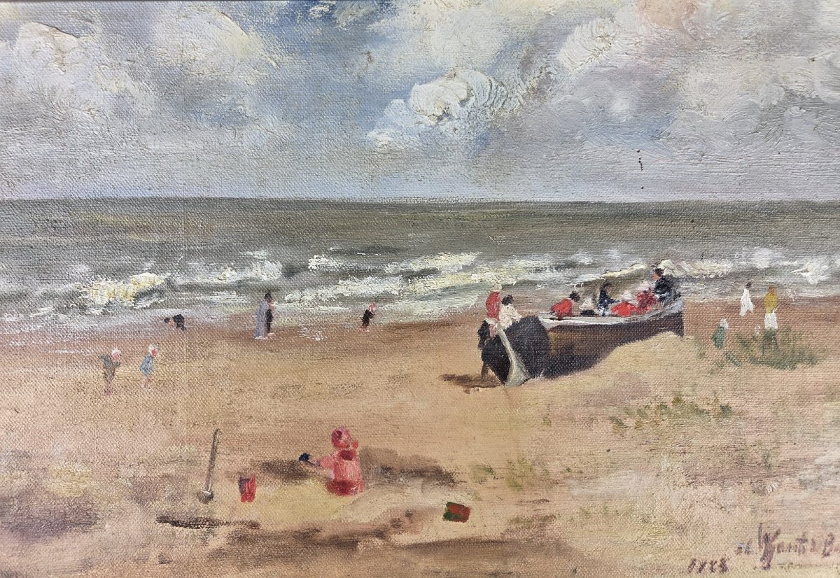 Oil On Panel, "beach Scene," Signed And Dated 1923-photo-2