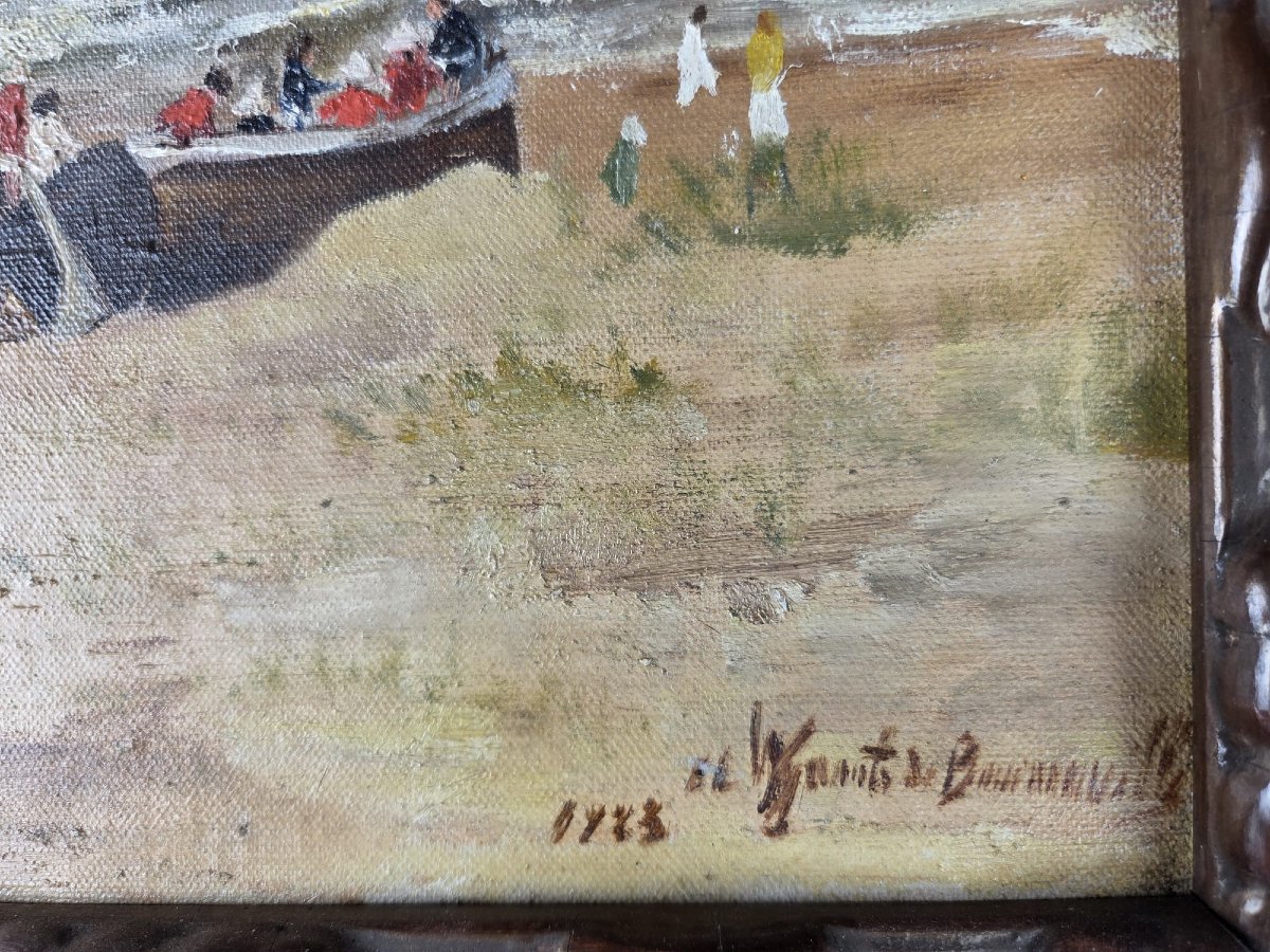 Oil On Panel, "beach Scene," Signed And Dated 1923-photo-3