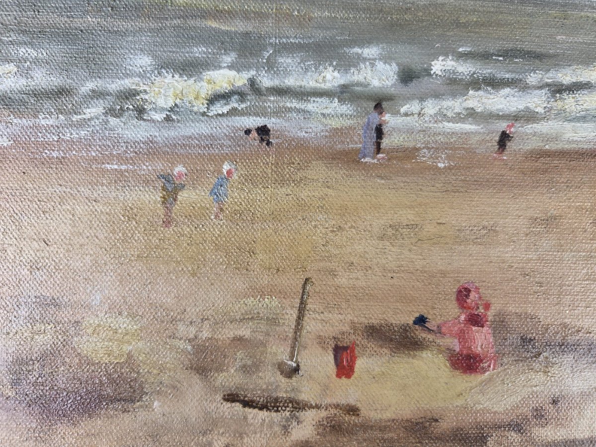 Oil On Panel, "beach Scene," Signed And Dated 1923-photo-1