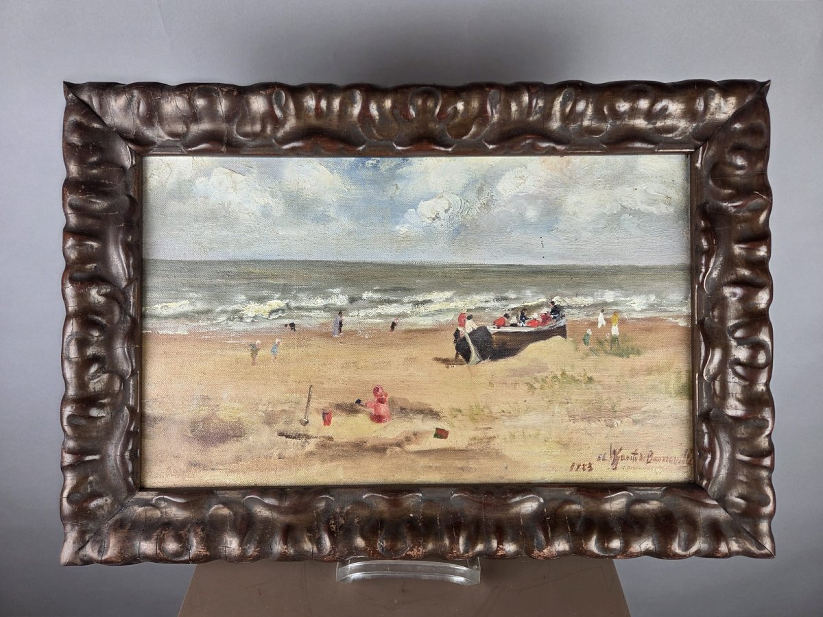 Oil On Panel, "beach Scene," Signed And Dated 1923
