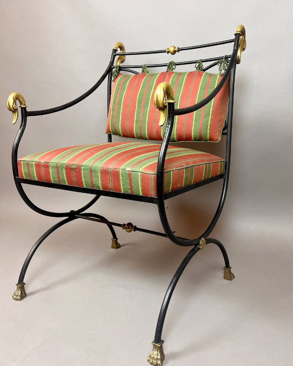 Wrought-iron And Bronze Curule Chair, 20th Century-photo-2