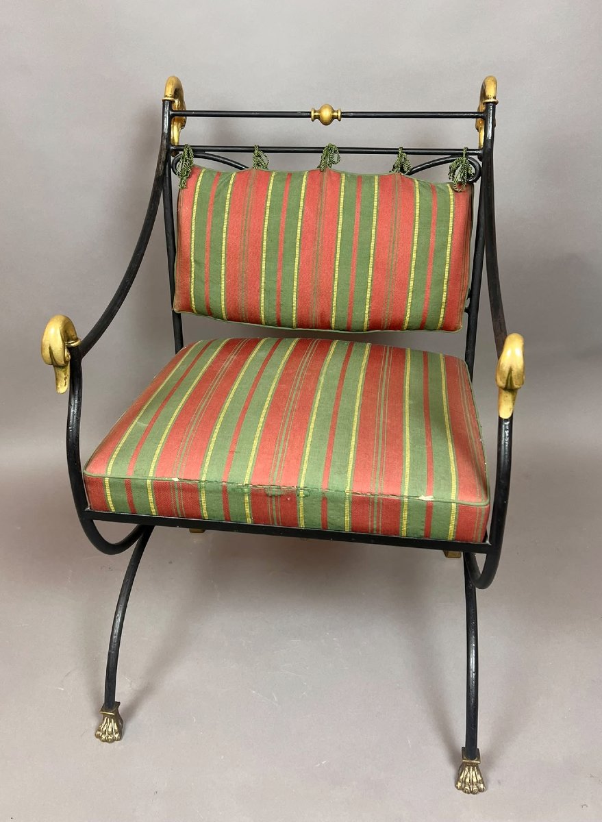 Wrought-iron And Bronze Curule Chair, 20th Century-photo-7