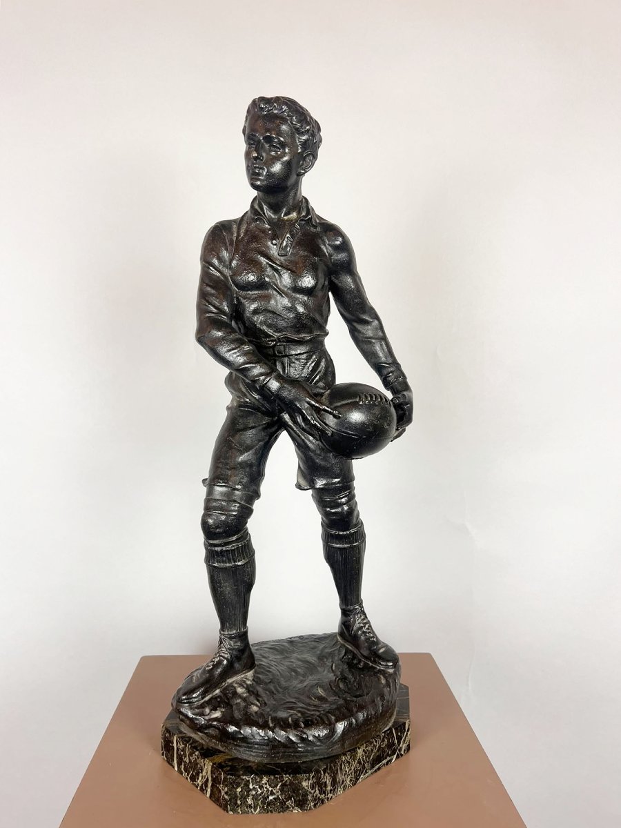 Zamak Sculpture Depicting The Rugby Player, Signed By G. Demange.-photo-4