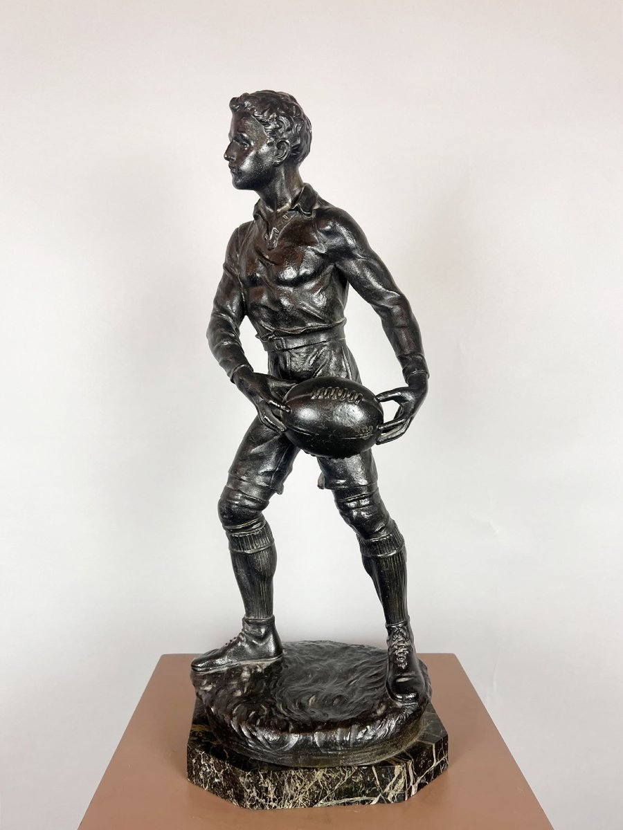 Zamak Sculpture Depicting The Rugby Player, Signed By G. Demange.-photo-1