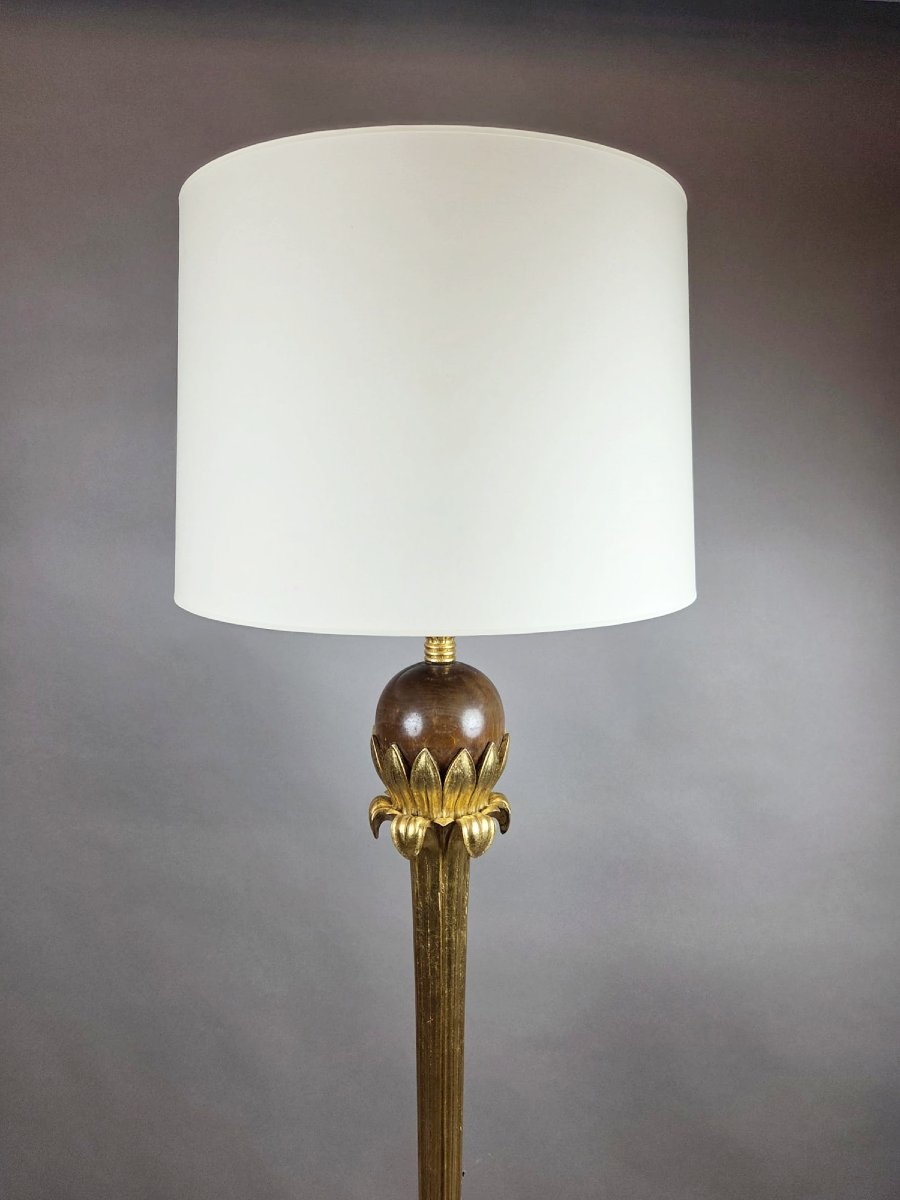 Chambon, lampadaire en bois patiné et doré, vers 1940-photo-2