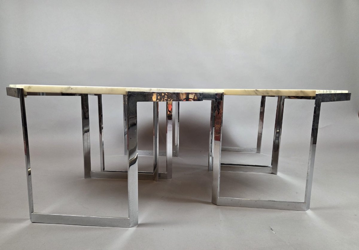 Ensemble de 4 tables basses en acier chromé et tablette de marbre, vers 1970-photo-4
