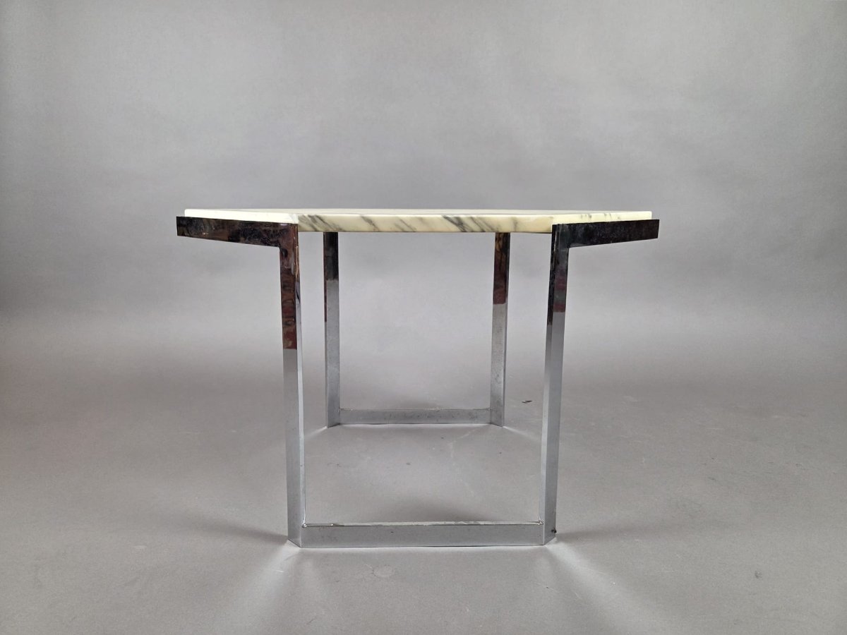 Ensemble de 4 tables basses en acier chromé et tablette de marbre, vers 1970-photo-1