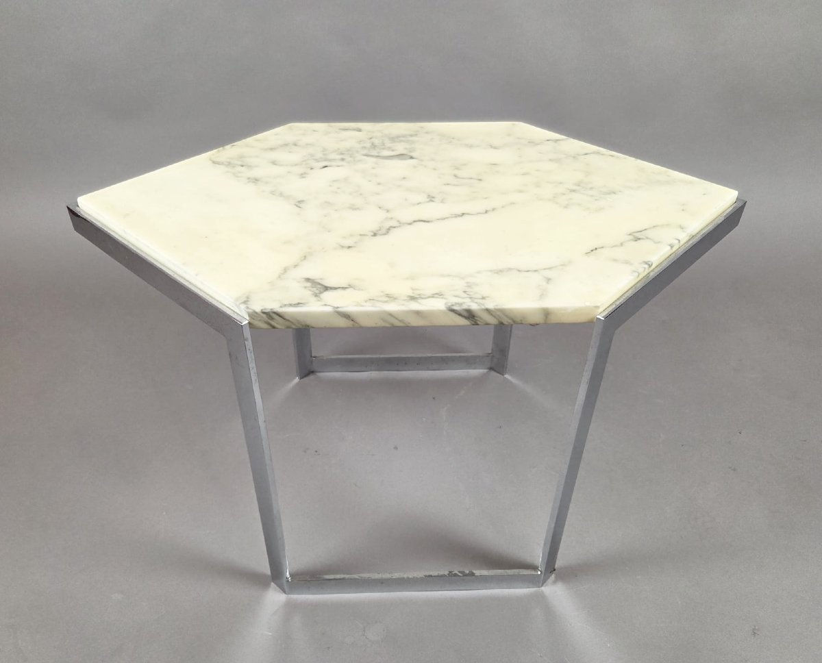 Ensemble de 4 tables basses en acier chromé et tablette de marbre, vers 1970-photo-2