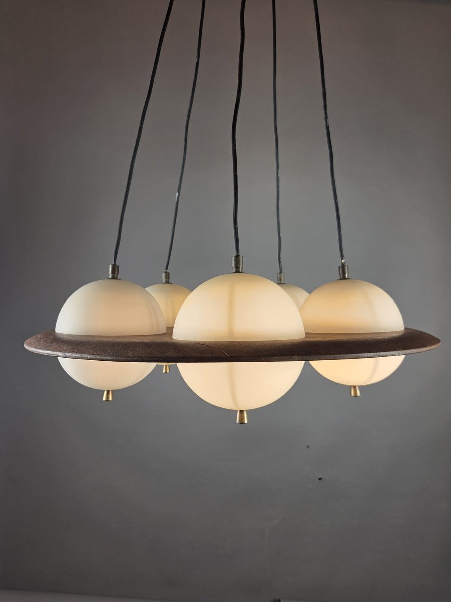 Goffredo Reggiani, Opal Glass Chandelier With Teak Frame, Italy, Circa 1960-photo-3