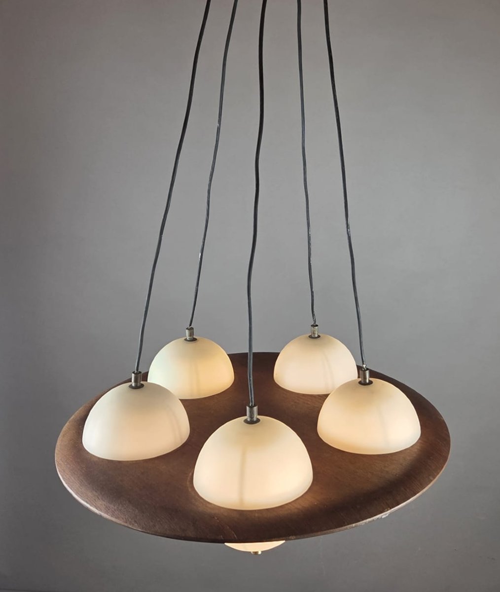 Goffredo Reggiani, Opal Glass Chandelier With Teak Frame, Italy, Circa 1960-photo-4
