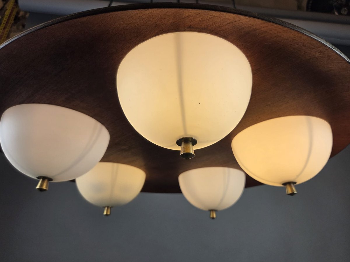Goffredo Reggiani, Opal Glass Chandelier With Teak Frame, Italy, Circa 1960-photo-2