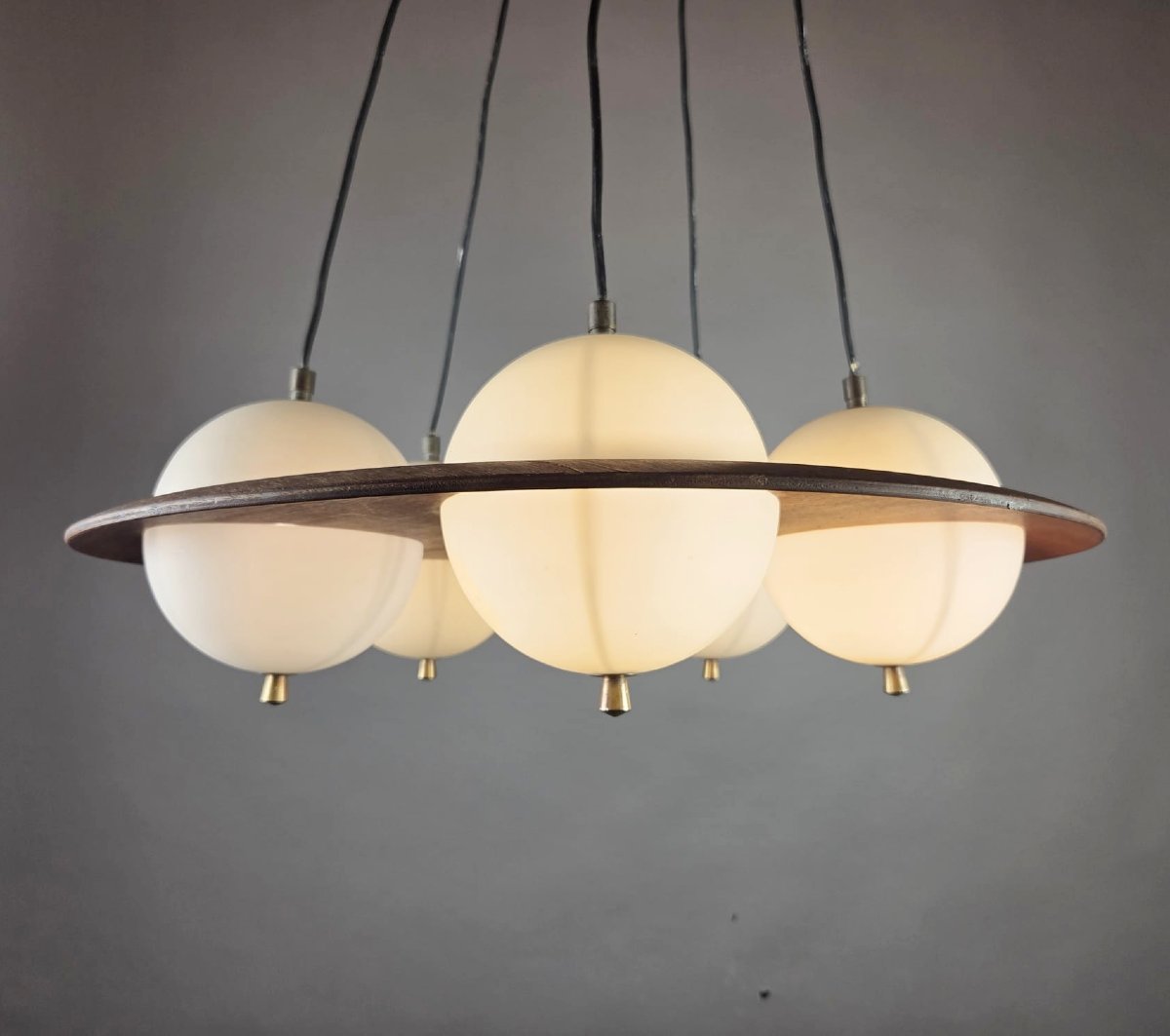 Goffredo Reggiani, Opal Glass Chandelier With Teak Frame, Italy, Circa 1960