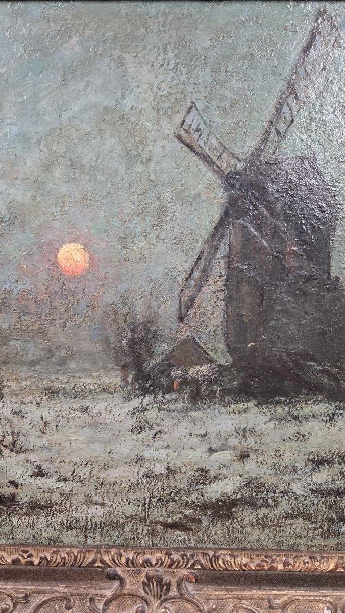 Oil On Canvas, "chiaroscuro At The Mill," Signed By Auguste Breugelmans, Early 20th Century-photo-3