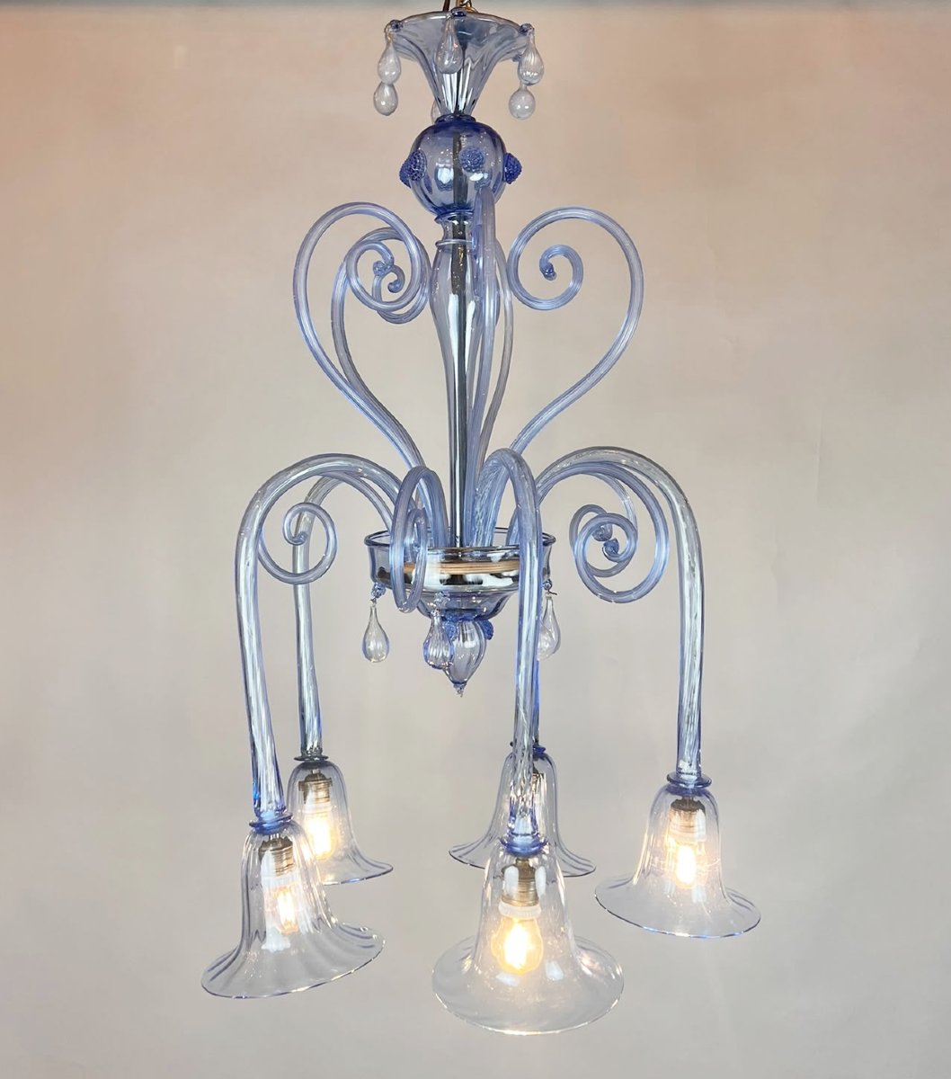 Lustre en verre de Murano à cinq bras et décor de volutes, XXᵉ siècle.-photo-3