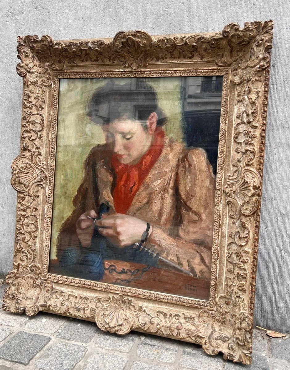 Huile sur toile, Émilie la tricoteuse, Léon Devos (1897–1974), Belgique, vers 1940-photo-2