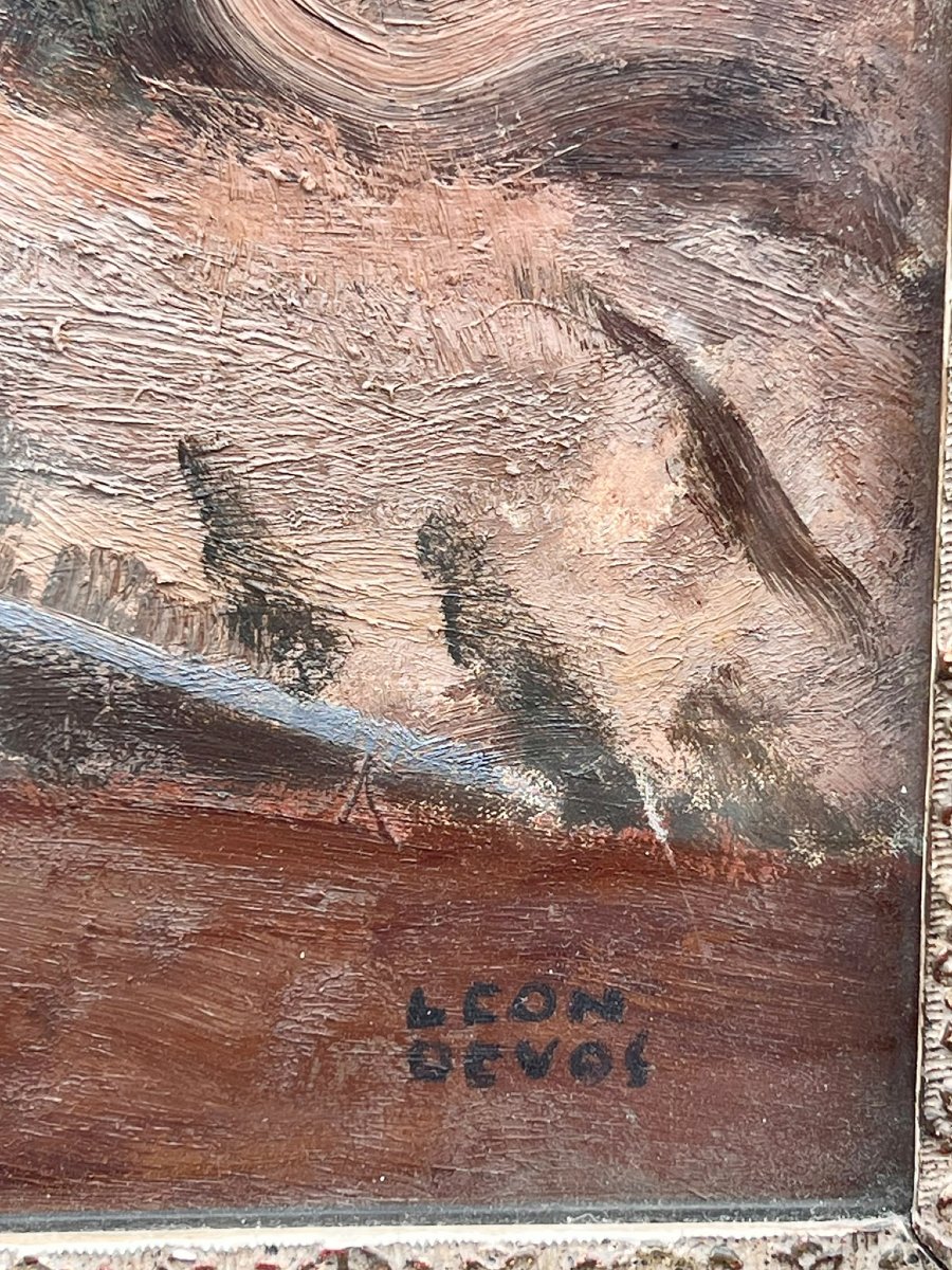 Huile sur toile, Émilie la tricoteuse, Léon Devos (1897–1974), Belgique, vers 1940-photo-4