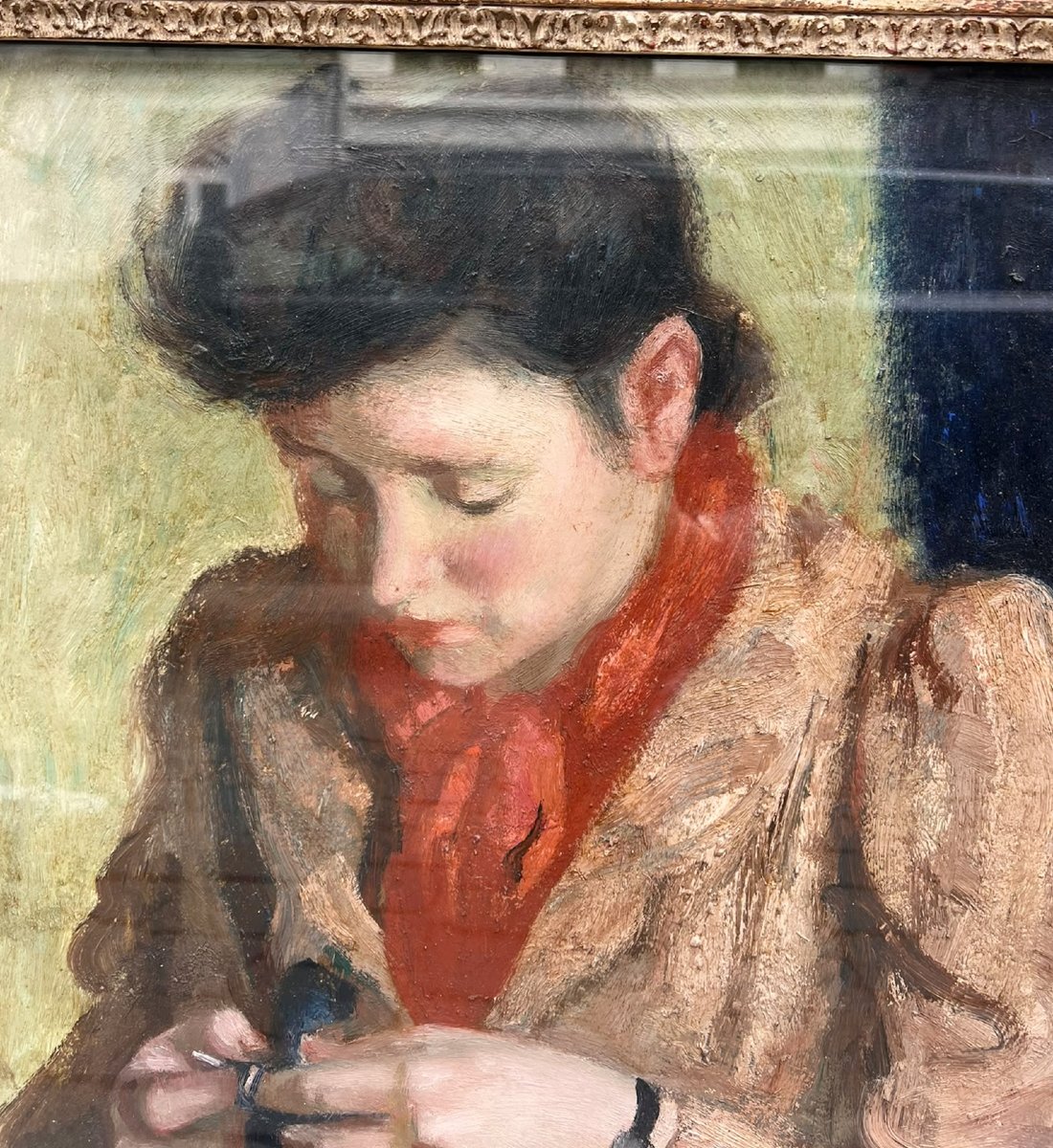 Huile sur toile, Émilie la tricoteuse, Léon Devos (1897–1974), Belgique, vers 1940-photo-1