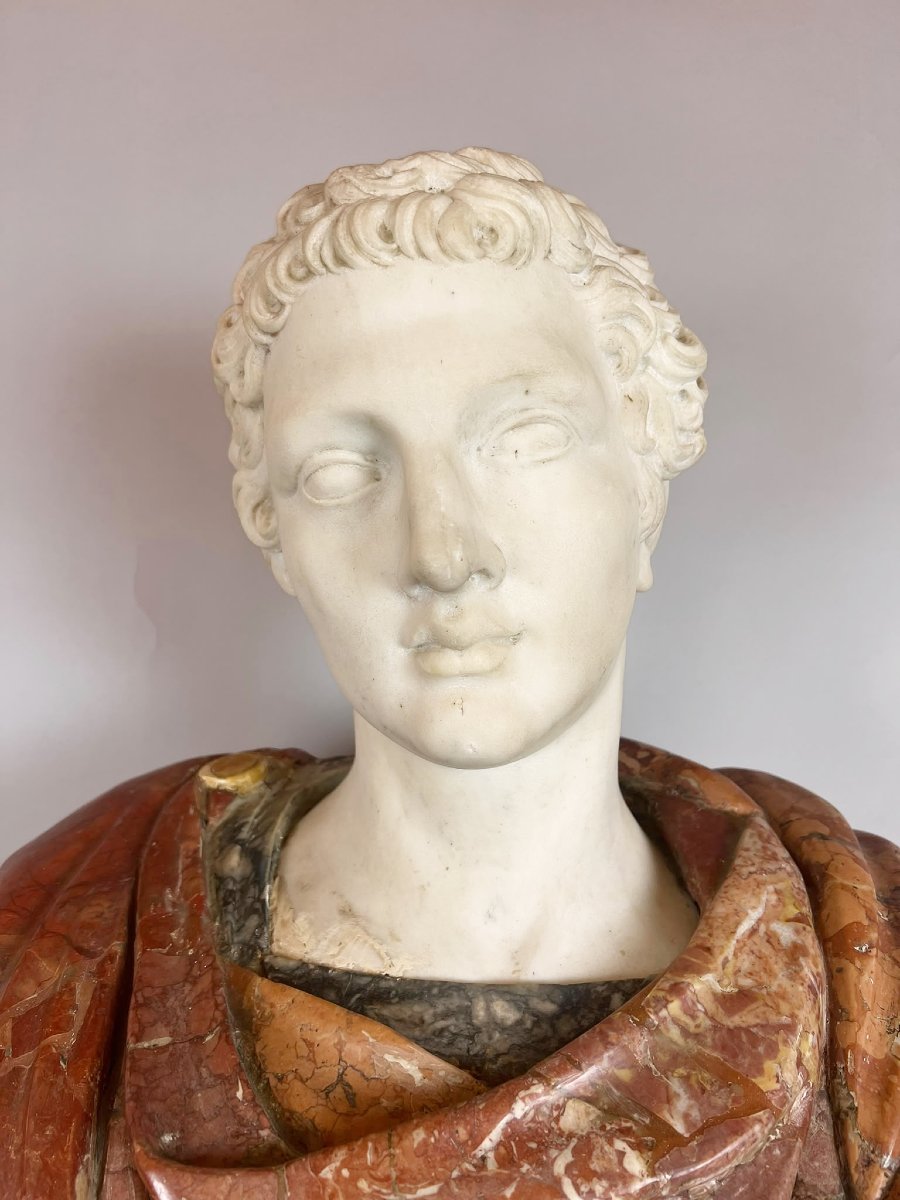 Polychrome Marble Bust Depicting A Roman Emperor, 19th Century.-photo-2