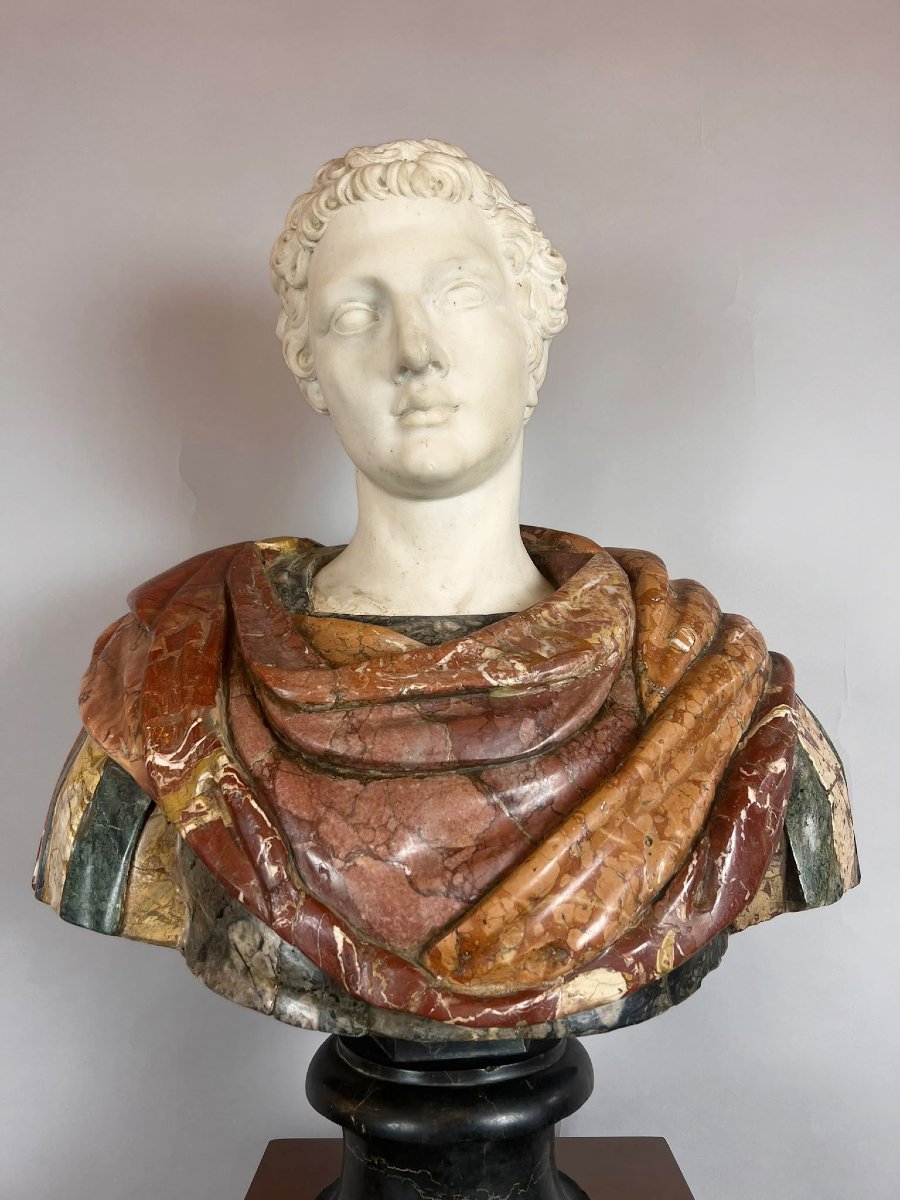 Polychrome Marble Bust Depicting A Roman Emperor, 19th Century.-photo-3