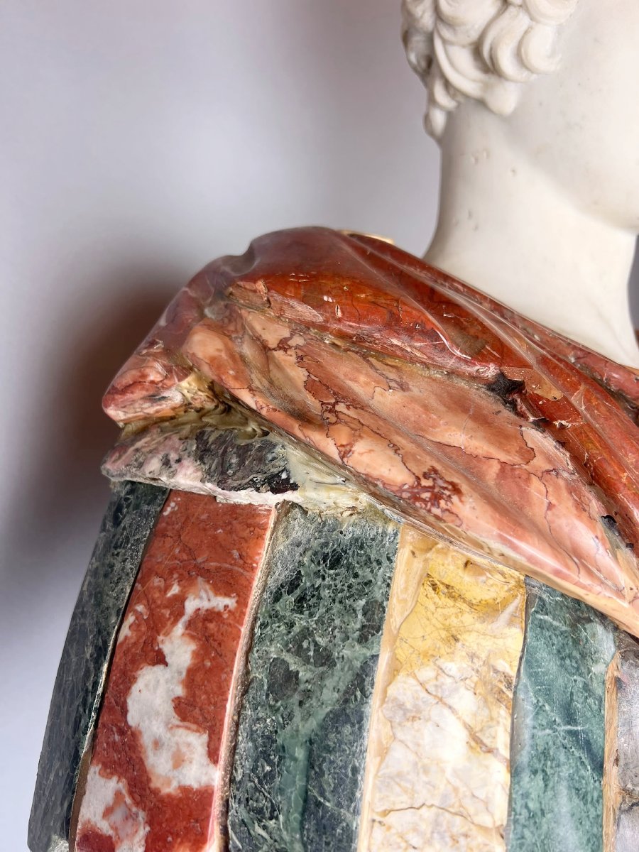 Polychrome Marble Bust Depicting A Roman Emperor, 19th Century.-photo-4