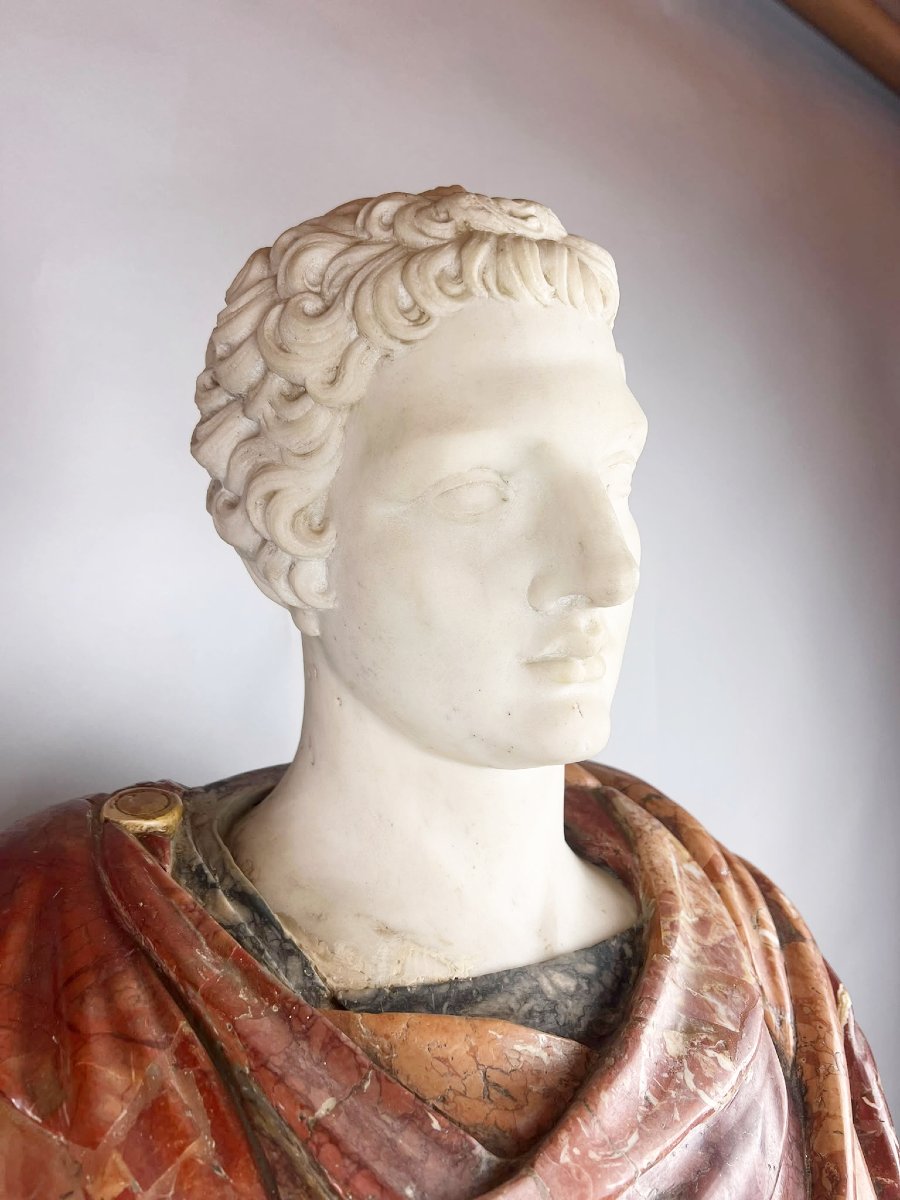 Polychrome Marble Bust Depicting A Roman Emperor, 19th Century.-photo-4