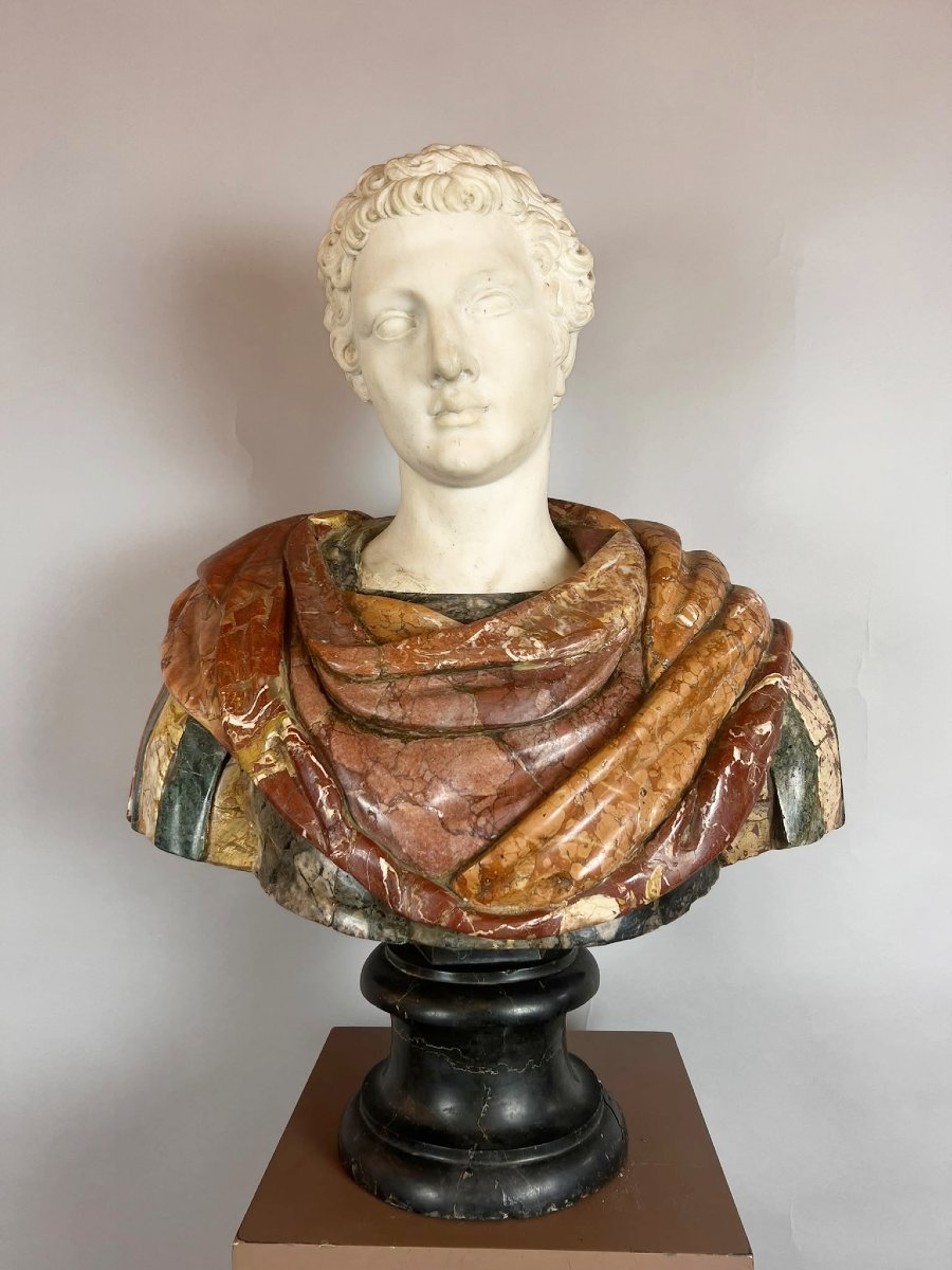 Polychrome Marble Bust Depicting A Roman Emperor, 19th Century.