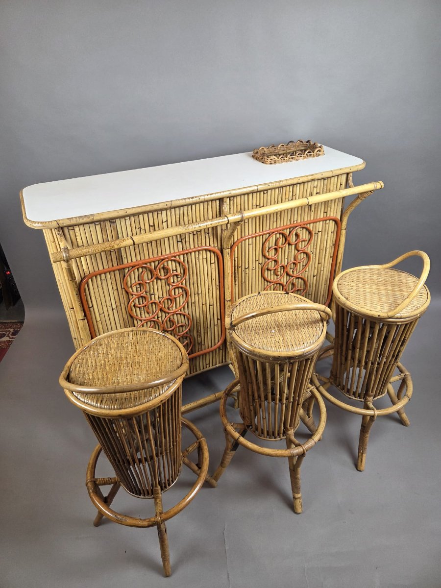 Attributed To Tito Agnoli, Bamboo And Rattan Bar, With 3 Matching Stools, Italy, Circa 1950-photo-2