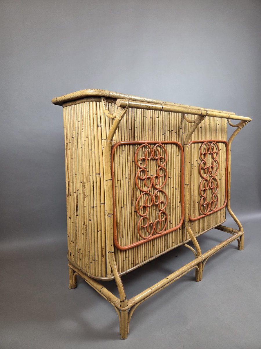Attributed To Tito Agnoli, Bamboo And Rattan Bar, With 3 Matching Stools, Italy, Circa 1950-photo-3