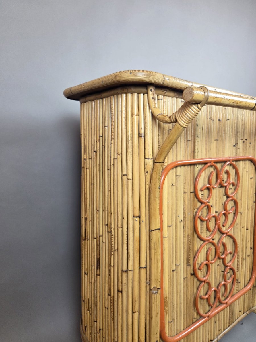Attributed To Tito Agnoli, Bamboo And Rattan Bar, With 3 Matching Stools, Italy, Circa 1950-photo-4