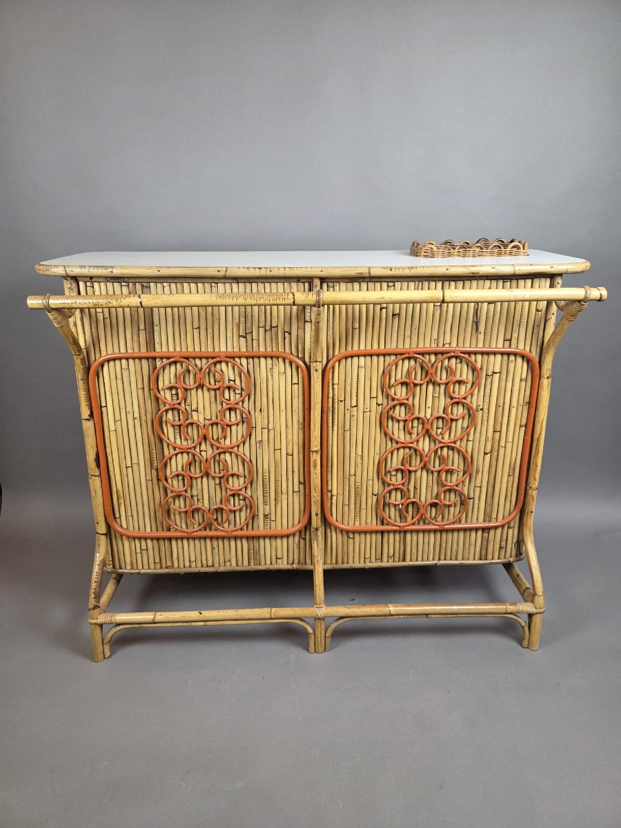 Attributed To Tito Agnoli, Bamboo And Rattan Bar, With 3 Matching Stools, Italy, Circa 1950-photo-2