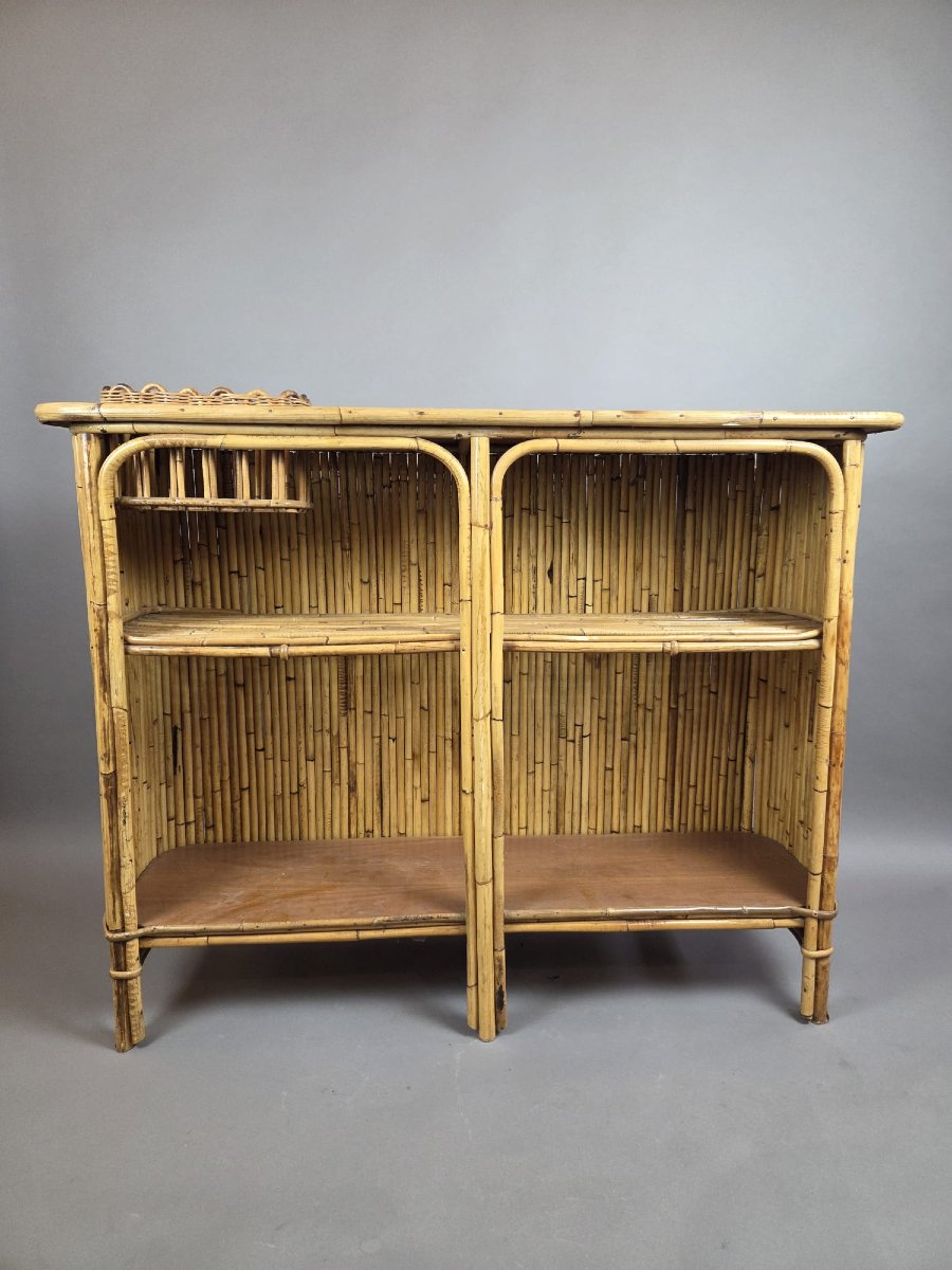 Attributed To Tito Agnoli, Bamboo And Rattan Bar, With 3 Matching Stools, Italy, Circa 1950-photo-3