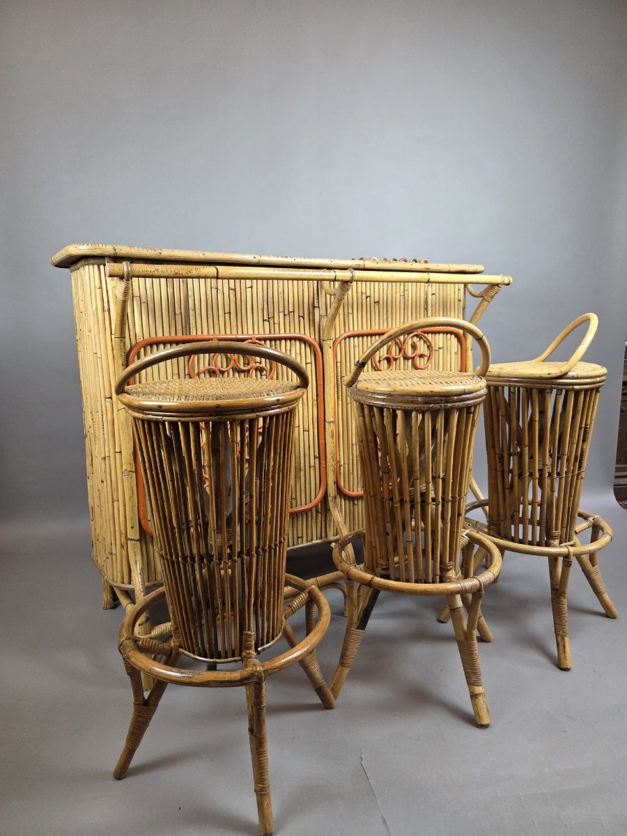 Attributed To Tito Agnoli, Bamboo And Rattan Bar, With 3 Matching Stools, Italy, Circa 1950