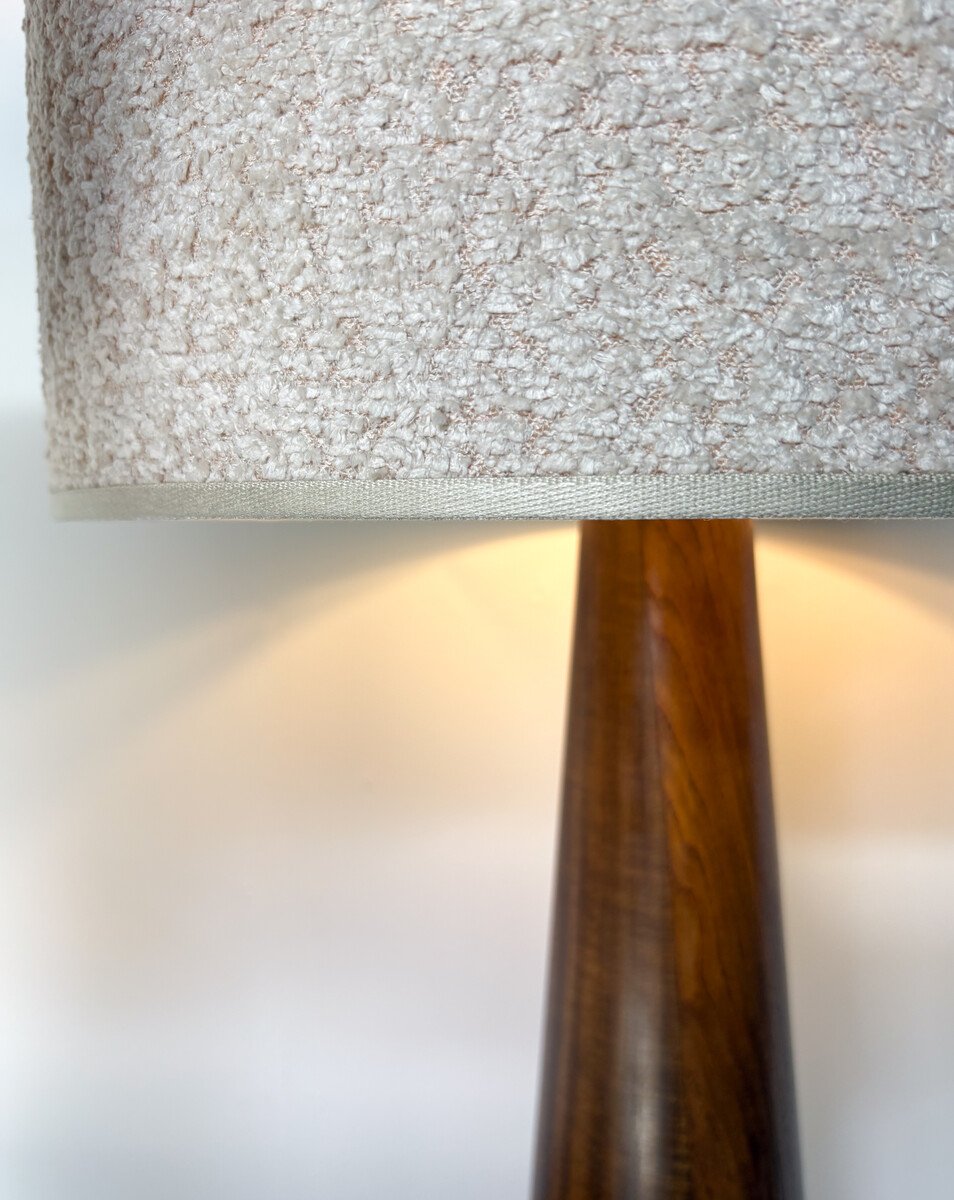 Pair Of Modern, Conical Wooden Table Lamps With Looped Fabric Shades, Italy-photo-3